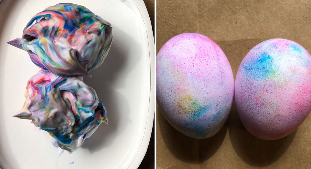 Hard boiled eggs dyed by whipped topping and food coloring.