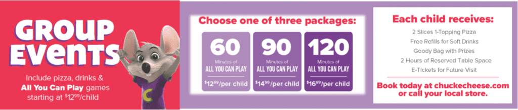 chuck e. cheese group events